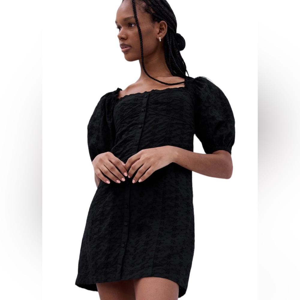 Black Puff Sleeve Eyelet Mini Dress